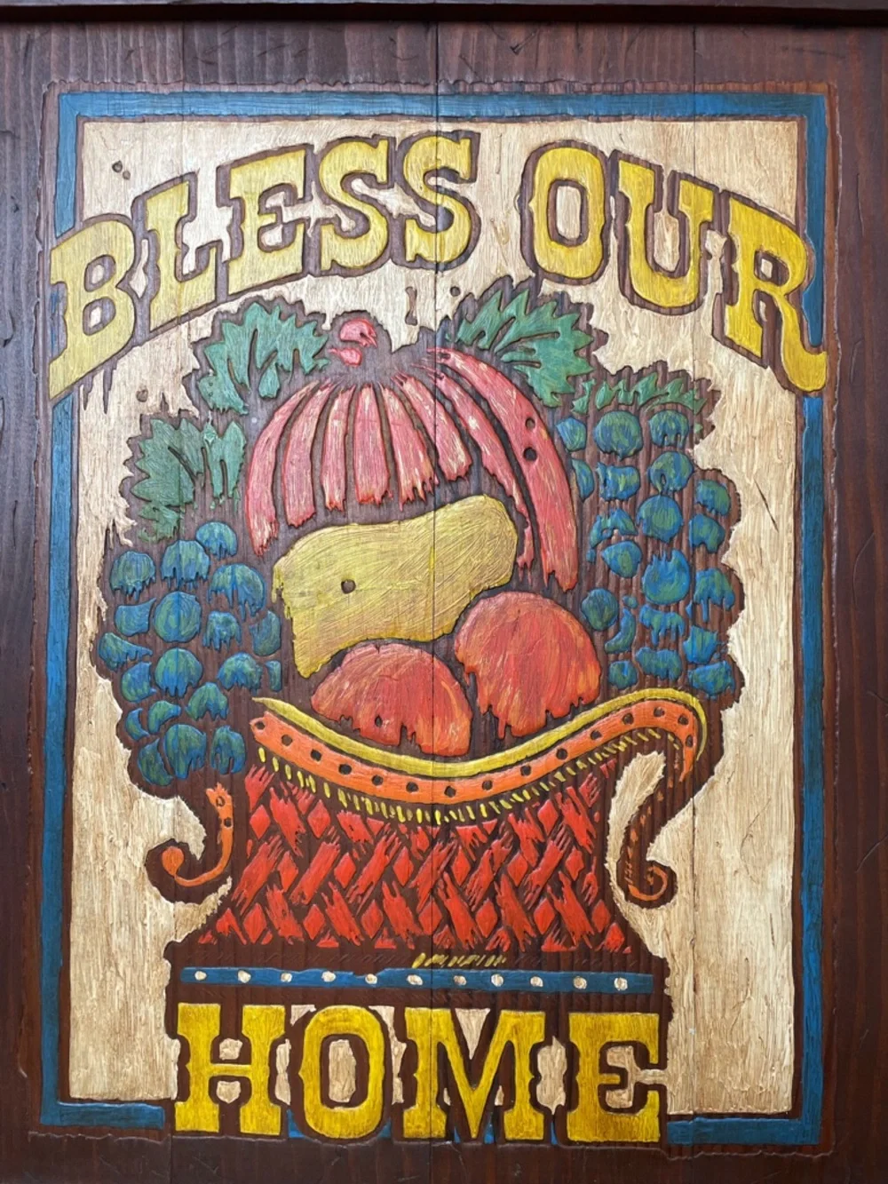 Vintage Folk Wood Rustic ‘Bless Our Home’ Sign 1971